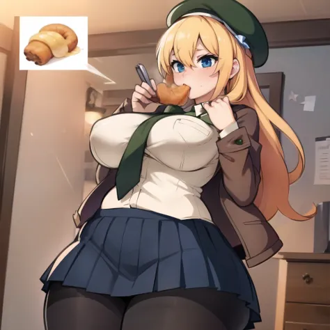 (masterpiece, best quality:1.2),illustration,8k,hd,1girl,solo,cowboy shot,large breasts,long hair,fringe,blue eyes,blonde hair,hair between eyes,green eyes,pleated skirt,open jacket,miniskirt,shirt,necktie,black pantyhose,beret,chubby, eating croissant