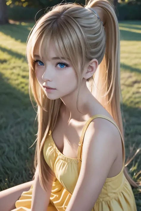 photo realistic , realistic , Alone, photo realistic ,  top quality,   ultra high resolution,  1 girl ,, , Blonde in a ponytail,  is wearing a yellow sundress, A gentle breeze blowing through the grass,, ,  1 girl ,, beautiful,   Masterpiece  ,  top qualit...