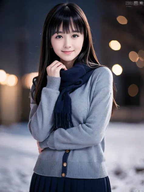 (One girl has blue eyes:1.5)、(Close-up face shot of one slender small breasts blue eyes black very long hair with dull bangs girl in a knit sweater and skirt with winter long coat and scarf:1.5)、(One blue eyes girl spread her arms widely with happy smile:1...