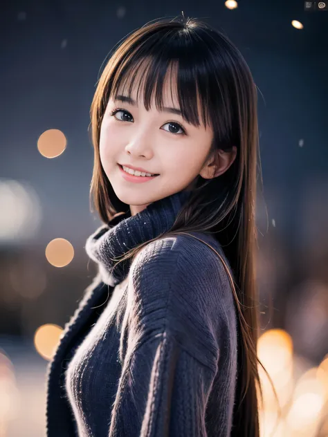 (One girl has blue eyes:1.5)、(Close-up face shot of one slender small breasts blue eyes black very long hair with dull bangs girl in a knit sweater and skirt with winter long coat and scarf:1.5)、(One blue eyes girl open her arms widely with happy smile:1.5...