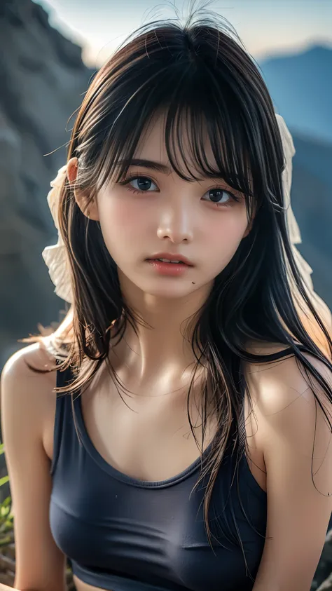  top quality, 8k,  RAW photos ,  realistic , (( A single girl sitting at the top of a mountain watching the sunset and feeling at ease)), Beauty,  small breasts, Young Face,  black hair short,  growing skin that doesnt depict nasal cavity , (( laughing and...