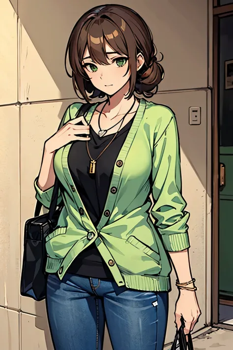 ((masterpiece, best quality)),old lady, Solo, slightly tanned, single mom, slightly old, brown hair, short curly hair, hair tied, necklace, pendant, tired, green cardigan, black innerwear, jeans, outside, streets