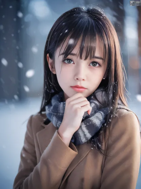 (Close-up face shot of one slender small breasts half up brown long hair with bangs girl in a winter long coat and scarf:1.5)、(One girl is crying with tears in the midnight:1.5)、(Heavy snowing night:1.5)、(blurred background:1.5)、(Natural light:1.5)、(8k ult...