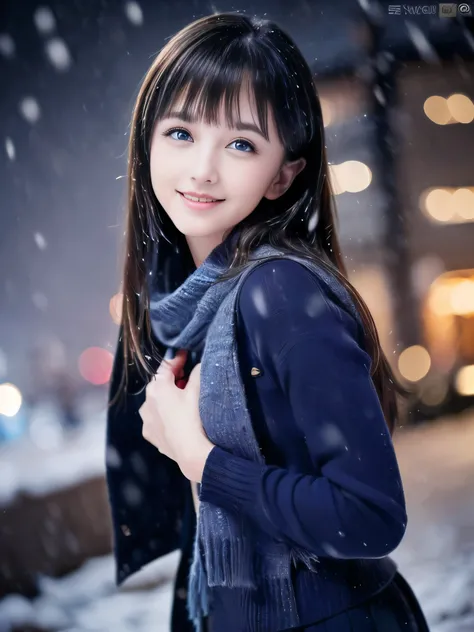 (One girl has blue eyes:1.5)、(Close-up face shot of one slender small breasts blue eyes black very long hair with dull bangs girl in a knit sweater and skirt with winter long coat and scarf:1.5)、(One blue eyes girl open her arms widely with happy smile:1.5...