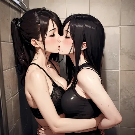 Two women passionately making out with each other inside the shower, theyre wet, pinned against a wall, hugging tight, very passionate