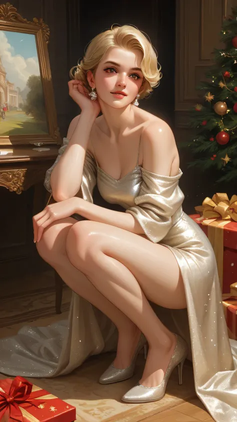 The elegant blonde in a sequined long dress squats sideways under the warm holiday lights, facing forward, with one hand naturally placed on her knee and her eyes looking straight ahead, showing a confident and noble temperament, surrounded by golden gift ...