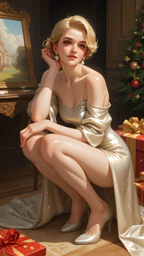 The elegant blonde in a sequined long dress squats sideways under the warm holiday lights, facing forward, with one hand naturally placed on her knee and her eyes looking straight ahead, showing a confident and noble temperament, surrounded by golden gift ...