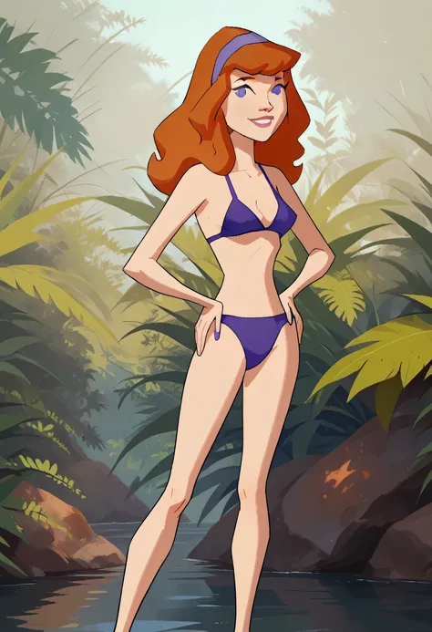 daphneb, 1girl, solo, long hair, hairband, orange hair, purple bikini , purple eyes, smile, long legs , barefoots , smile, looking at viewer, hands on the hips , score_9, score_8_up, score_7_up, score_6_up, score_5_up, score_4_up