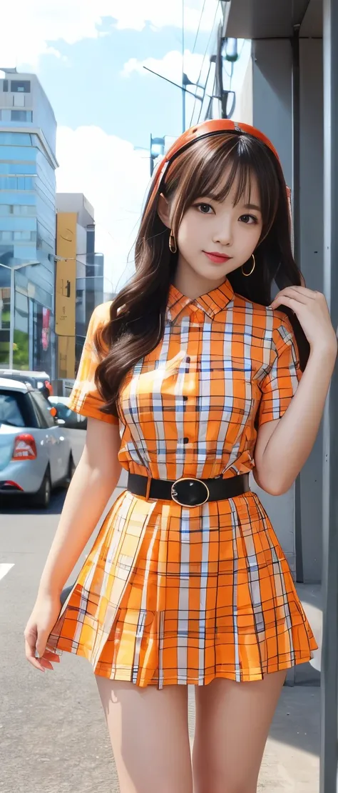 Pure idol girl（ shiny hair）、、Thick legs、、fluorescent orange checkered tight mini dress、Cool Belt、　、Good style、A pure girl&#39;s face