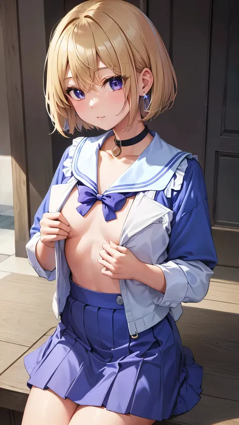 Umino Yuki 、 masterpiece ,  top quality、  top quality,(8k resolution),Beauty、(  looks like an adult), （  Sexy Perfect Style  ）、(  medium chest  )、  blonde bob cut、(White and blue sailor suit)、(  blue skirt)、(( Bring your chest closer ))、  purple eyes、 purp...