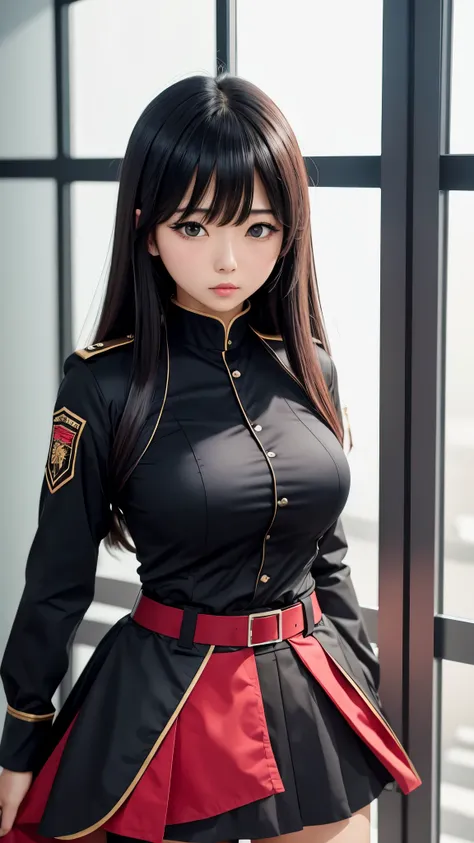 woman、Beautiful breasts、black髪、Heavy bangs、blackい瞳、 COMBAT UNIFORM、 skirt、white、black、red、