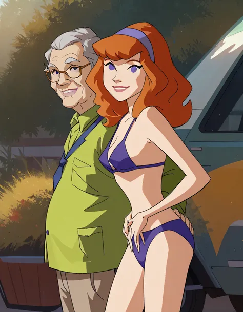 daphneb, 1girl, solo, long hair, hairband, orange hair, purple bikini , purple eyes, smile, long legs , barefoots , smile, looking at viewer, hands on the hips , 1man , old man , grabbing girl body , score_9, score_8_up, score_7_up, score_6_up, score_5_up,...