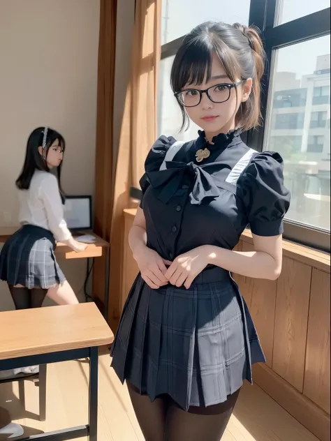 (((1 person)))、((Alone))、Maids in their 20s pose and take pictures、 from head to thighs、( medium hair)、 Looking ahead 、 viewer、 real、(Small face)、( small tits)、( smaller胸)、( standing)、( black pantyhose)、( half up)、victory、Tsundere、Single Knot、(Maid uniform...