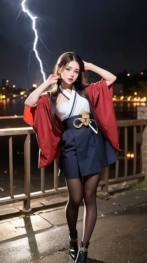 sharp lines, (((masterpiece))), ((( top quality: 1.4))), (( super detailed: 1.4)) ,  movie lights, High-quality photos 、(Great Storm、Thunderstorm 、Heavy Rain、((heavy rain、Strong winds、Lightning strikes)))、(落ち着いた柄のkimono, kimono,  kimono), ( Ultra Realistic...