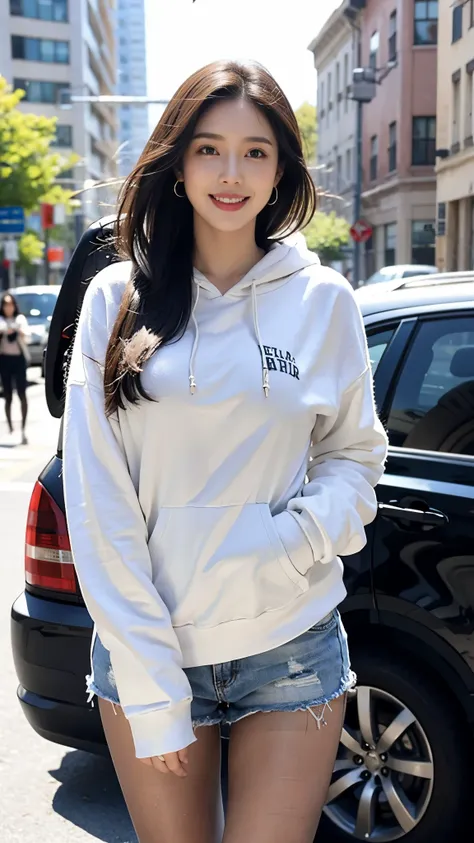 (1girl), best quality, ultra-high res, (photorealistic), (detailed eyes:1.4), (realistic, photo-realistic), perfect lighting, smile, showing waist, big breast, long hair, looking at viewer, facing front, realistic, light skin, (hoodie:1.2), (shorts:1.2), (...