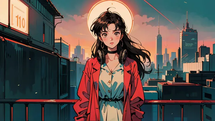 Best Quality, 8k, 1990s Style, 2010s Hairstyle , Very beautiful 21 year old girl standing on a rooftop at night, Tokyo neon cityscape, Black Hair ,Droopy eyes, Long Hair, Big Breasts, ((Wear big headphones)),  characters  I cant control my light brown eyes...