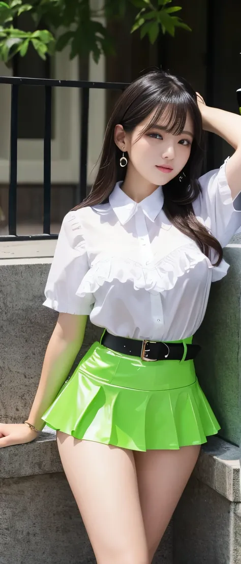 Pure idol girl（ shiny wet hair ）、、Thick legs、、 Fluorescent Green Latex Tight Skirt、Cool Belt、Black Ruffle Shirt 、、Good style、A pure girl&#39;s face