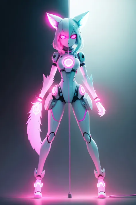 FNA mangle robotic whitefox girl in pink clothes, all white, orange glowing eyes,  full body , neon cyan, cyan, standing, warrior