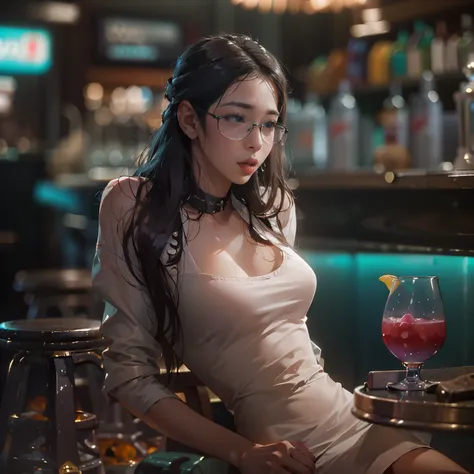 action shot a picture of a curvy woman (Masterpiece 1.5, intense details), full body, sitting in a bar, sipping a cocktail, wearing a white mini dress, slightly hiding the edge of white silk stocking, wearing high heels, smirking, glasses, black choker (in...