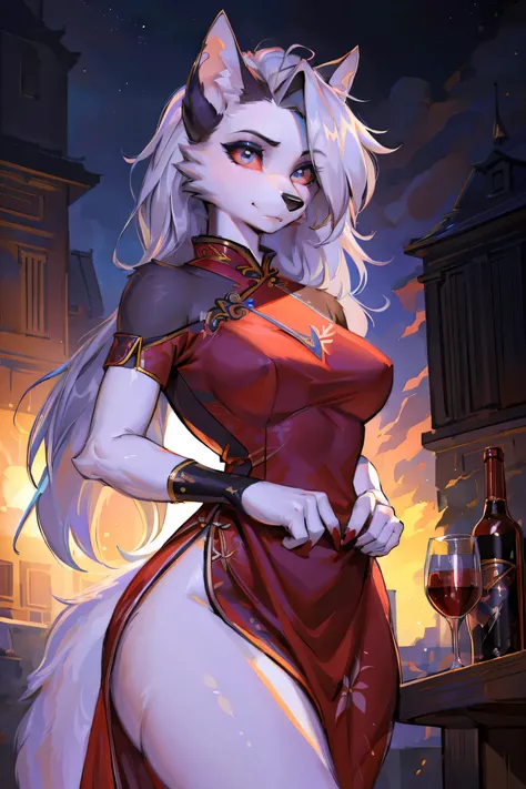 (best quality,4k,8k,highres,masterpiece:1.2),ultra-detailed,(realistic,photorealistic,photo-realistic:1.37),red eyes,furry,wolf girl,(beautiful/detailed eyes:1.1),feminine face,long lashes,(red clothing:1.1),(qipao,cheongsam:1.1),flowing chiffon,(jewelry/a...