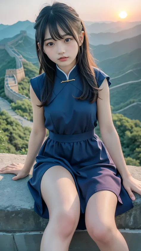  top quality, 8k,  RAW photos ,  realistic , ((( A beautiful Chinese girl sitting at ease on the Great Wall of China while watching the beautiful sunset))),  small breasts, Young Face,  black hair short, Beautiful Skin, (( Embarrassing Smile)),  asymmetric...