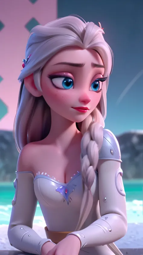 elsa, (perky breasts), (((small breasts))), affected smile:1.2, beautiful blue eyes, (perfect iris), depth of color in his eyes, by rubio, by the wide, braid, full lips, blush, naked, she is showing her vagina, depth of field, bokeh, (Special attention to ...