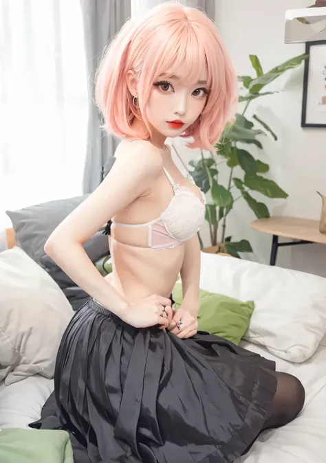 Photorealistic, Hanfu Chinese female celebrity wearing a frilly white bra and gray pleated skirt and black pantyhose, undressing, red lips, long silky pink hair, perfect bangs, eye shadow, attractive beauty, long black eyelashes, black eyeliner, seductive ...