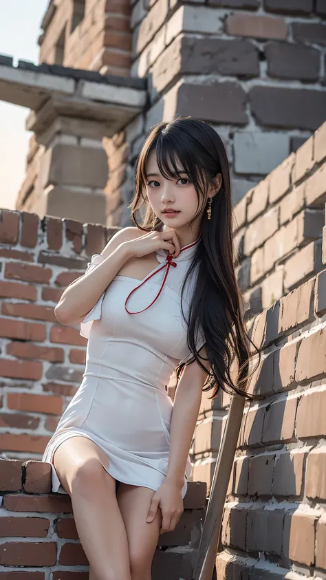  top quality, 8k,  RAW photos ,  realistic , ((( A beautiful Chinese girl sitting at ease on the Great Wall of China while watching the beautiful sunset))),  small breasts, Young Face,  black hair short, Beautiful Skin, (( Embarrassing Smile)),  asymmetric...