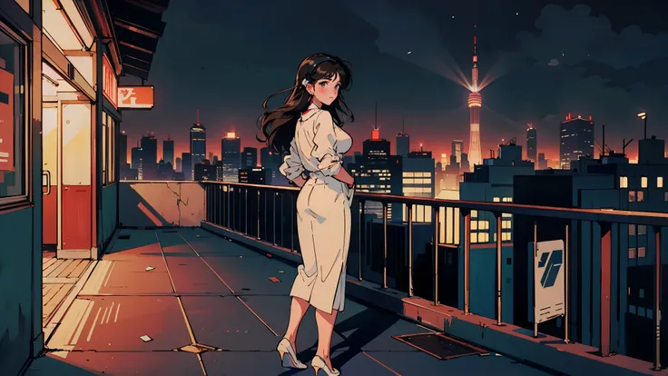 Best Quality, 8k, 1990s Style, 2010s Hairstyle , Very beautiful 21 year old girl standing and looking back on a rooftop at night, overlooking a vibrant cityscape,  Black Hair ,Droopy eyes, Long Hair, Big Breasts, ((Wear big headphones)),  characters  I can...