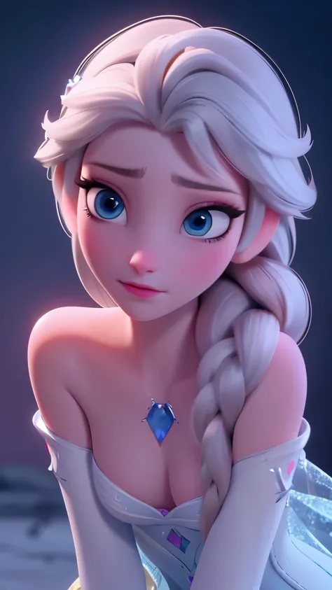 elsa, (perky breasts), (((small breasts))), affected smile:1.2, beautiful blue eyes, (perfect iris), depth of color in his eyes, by rubio, by the wide, braid, full lips, blush, naked, she is showing her vagina, depth of field, bokeh, (Special attention to ...