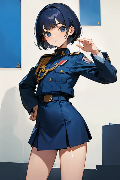  Mini Skirt、 Short Hairstyle 、Natural feel、Blue military uniform、cute officer girl with many medals