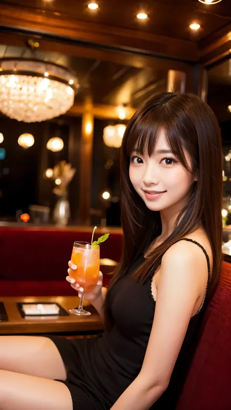  Japanese ,Inside the nightclub、 dealing with customers 、  Japanese woman in charge of horn、Age 25、 sitting on the sofa 、Have a cocktail、, Two Graceful Hostesses 、Talking、   elegant smile , ,   Beautifully Styled Hair、Brown Hair、 darker makeup 、 slightly c...