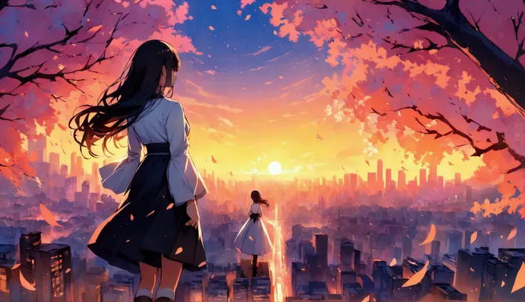  A dramatic scene of a young woman standing with a male protagonist looking down at a vibrant cityscape on a hill colored at dusk {x} with flowing dark hair and a quiet yet contemplative expression.  This scene has a deep sense of connection and anticipati...