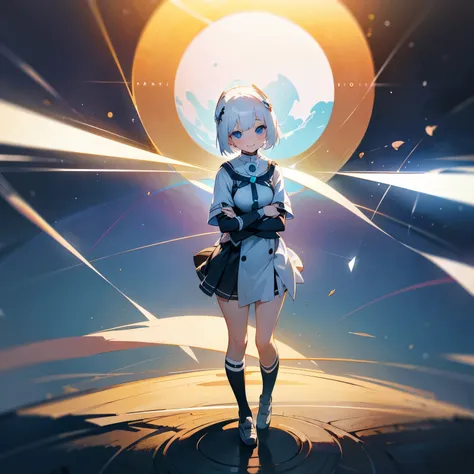 beautiful young woman, school uniform, white hair, short hair, human sized head, blue Eyes, solid circle eyes, smile, light blush, pov, full body, standing upright, looking down at viewer, realism, 8k, super detail, ccurate, best quality