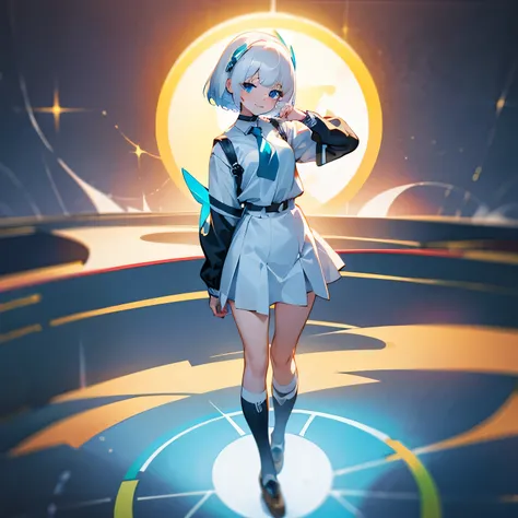 beautiful young woman, school uniform, white hair, short hair, human sized head, blue Eyes, solid circle eyes, smile, light blush, pov, full body, standing upright, looking down at viewer, realism, 8k, super detail, ccurate, best quality