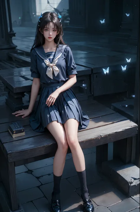 ,cococola,school uniform,serafuku,blue shirt,blue pleated skirt,  ,,(photorealistic:1.2), beautiful young woman, (full body shot:1.4), elegant pose, sitting on stone bench, (perfect legs:1.3), anatomically correct legs, crossed legs, visible legs, proper l...