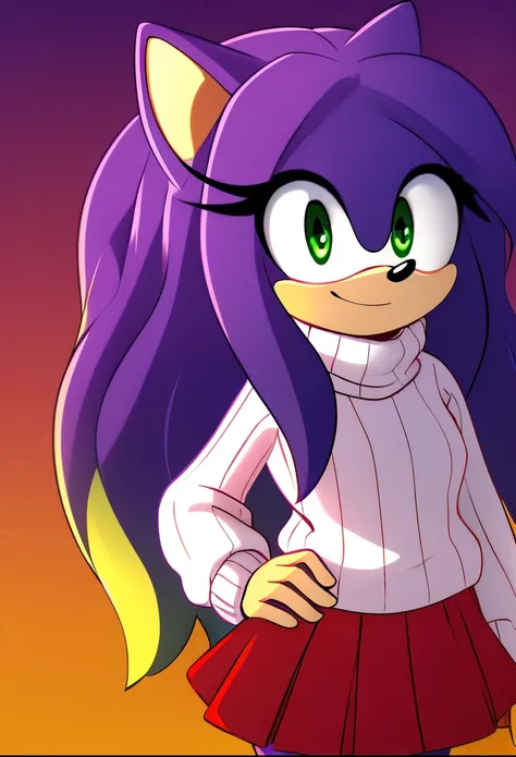 Sonic’s Mother, long hair/quills, (green eyes:1.5), (purplish blue fur), long hair, female, Female hedgehog, mobian, Eri as a mobian hedgehog, skirt, long sleeves, sweater, red skirt, turtleneck, solo, innocent eyes, smile, purplish blue hair, blonde highl...