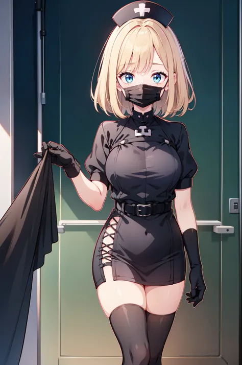 black nurse, 1woman, solo, black nurse cap, black nurse uniform, ((black legwear, zettai ryouiki)), black elbow gloves, blonde hair, blue eyes, ((black surgical mask, covered nose)), standing, ((surgery room)), sharp outline, short sleeves, mature female, ...