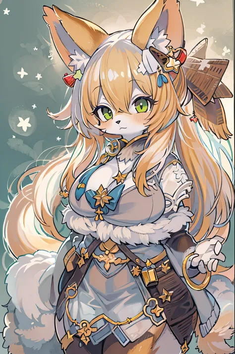 (fluffy anthro  furry covered :1.3),  1 girl , Alone, hair, Fox, Fox ears,  furry covered , Nahida (Impact Genshin ),  Cross Eyelet, Green Eyes,  ponytail ,  holding a star :0.6), top quality,Artwork, very delicate and beautiful,