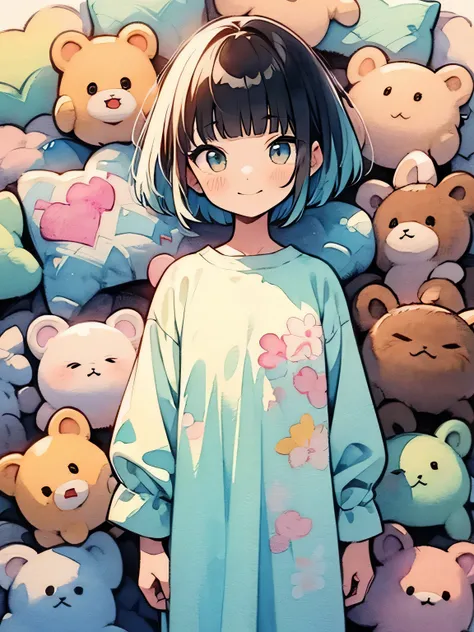 cute face+,alone,(pastel blue short pixie cut),(blunt bangs),Russian、smile,nightwear with fine ruffle embroidery, stuffed brown bear、pillow、like a painting:1.2、watercolor:1.2, The Art of Mathematics, Official Art, Masterpiece , beautiful, ((watercolor)), p...