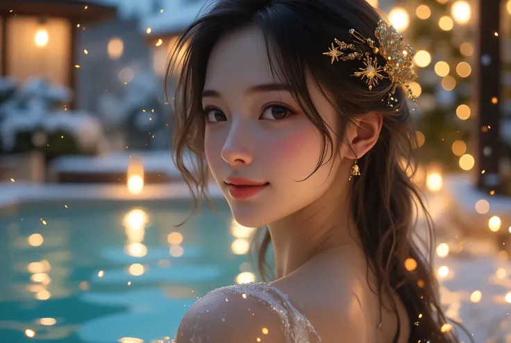 An open-air bath at night decorated with Christmas ornaments and illuminations, 32k, Ultra high resolution, ultra high quality. A breathtakingly beautiful 23-year-old Japanese woman with delicate, refined features and a radiant, youthful charm, adorned wit...