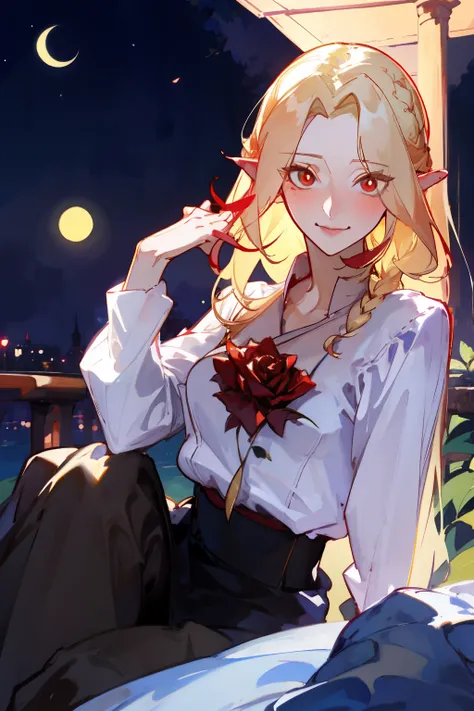 masterpiece, best quality,  absurdres, looking at viewer, solo, rita rossweisse (summer nights dream), rita rossweisse, shirt, pantyhose, red rose, red eyes, blonde hair, long sleeves, mole under eye, hair over one eye,  frilled shirt, white shirt,  seduct...