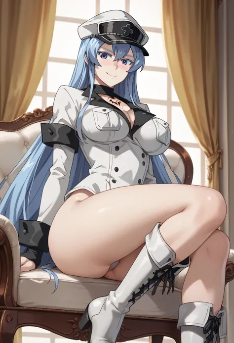 Esdeath,  blue eyes,  blue hair,  long hair, Busty,  eyelash ,  red face,   Masterpiece  , smile,  embarrassing,  closed mouth ,   top quality, waist medium,  Wide Hips ,  medium thighs, Round ass,  white boots that shoot bows,  standing, front,  viewers, ...