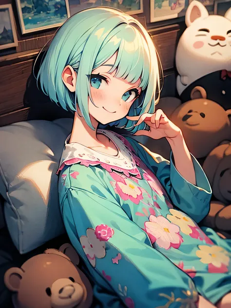 cute face+,alone,(pastel paleblue short pixie cut),(blunt bangs),Russian、smile,nightwear with fine ruffle embroidery, stuffed brown bear、pillow、like a painting:1.2、watercolor:1.2, The Art of Mathematics, Official Art, Masterpiece , beautiful, ((watercolor)...