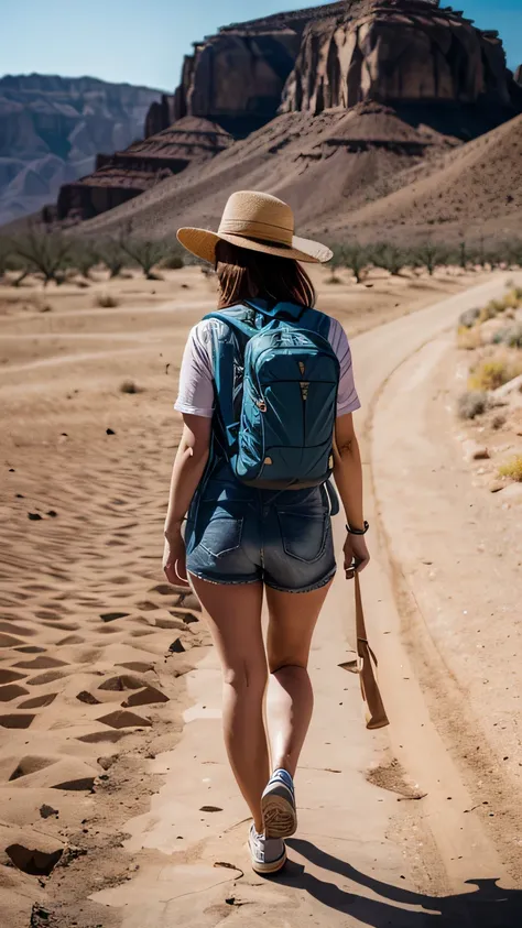 8k、 A woman carrying a large backpack、Traveler、desert