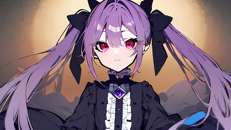   Masterpiece  ,  top quality,  1 girl , Alone,  twin tails_hair,  watching _in_ viewer, 前hair, Simple_background, length_sleeve,  dress, hair_between_eye, gem, closure_mouth,  upper_body, Purple_hair, frills, black_ribbon, red_eye