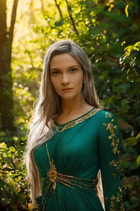 Galadriel, a radiant elven queen, standing gracefully in a magical elven forest bathed in soft, ethereal light. She is wearing a flowing green dress adorned with intricate golden embroidery, reminiscent of delicate vines and leaves, perfectly complementing...