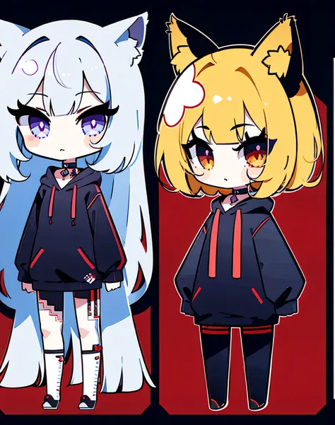  High Quality 、 one girl、Alone、Blonde, shorthair, short hair 、 cat ears the same color as the hair, red eyes,red eyes、 big eyes, long lashes,Black collar,Purple hoodie, hot pants, white background 