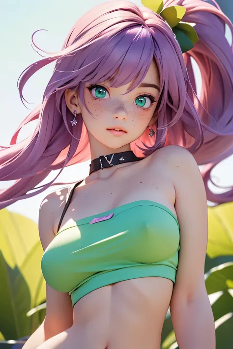 (masterpiece, highres, high resolution:1.2), anime 20 yo girl, portrait, shoulders up, illustration. drawn, violet hair woman, green eyes, blushing, solo, surprised, freckles, big lips, huge breasts, perfect body, wearing a tube top, no hands,