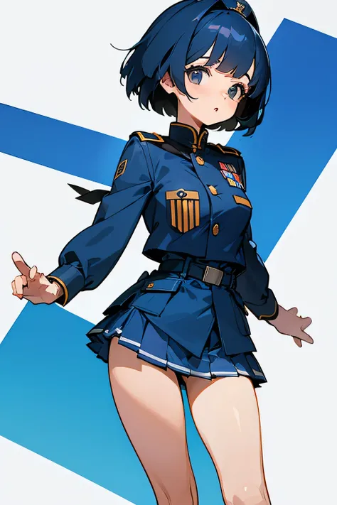  Mini Skirt、 Short Hairstyle 、A cute officer girl with slight hair 、Natural feel、Blue military uniform、 and lots of medals